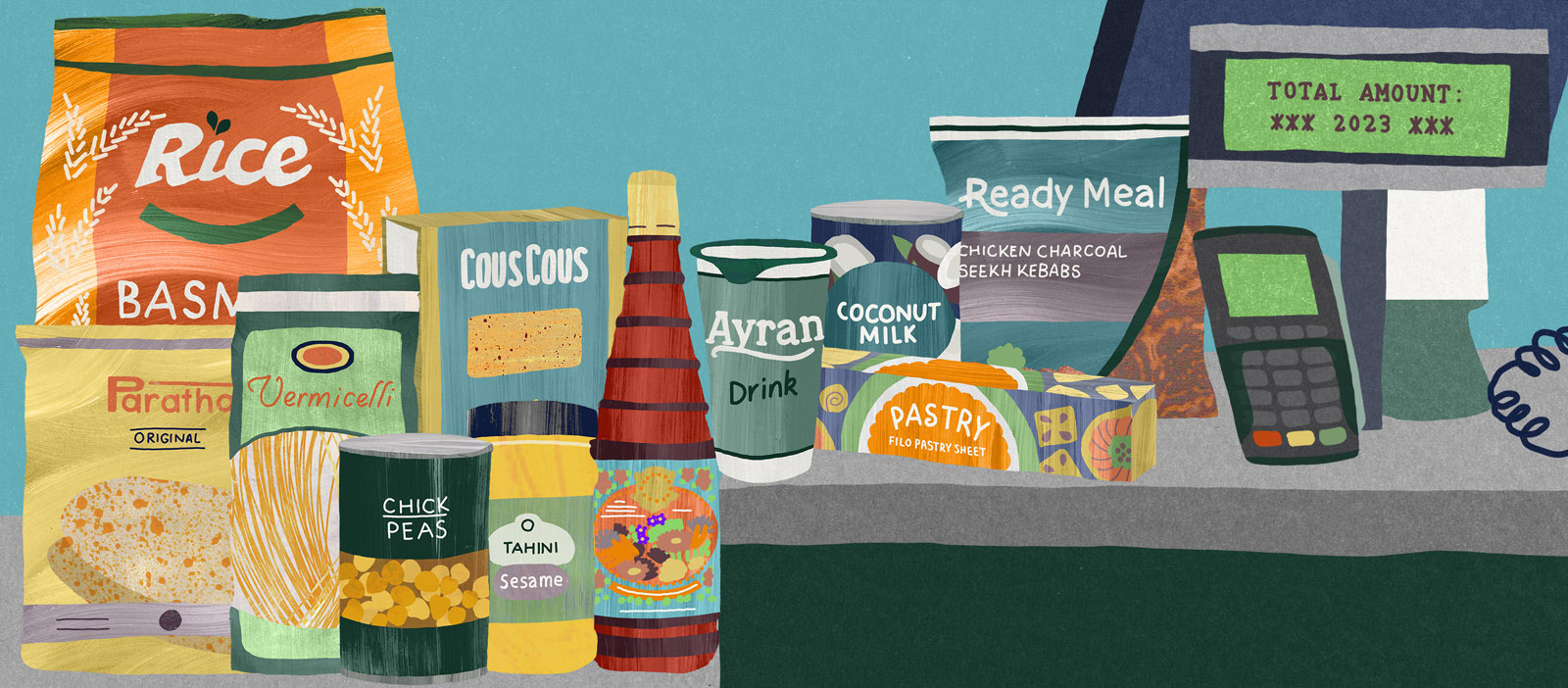 Ramadan 2023 Food Staples Iftar Cost of Living -  Illustrations for Hyphen by Jess Knights