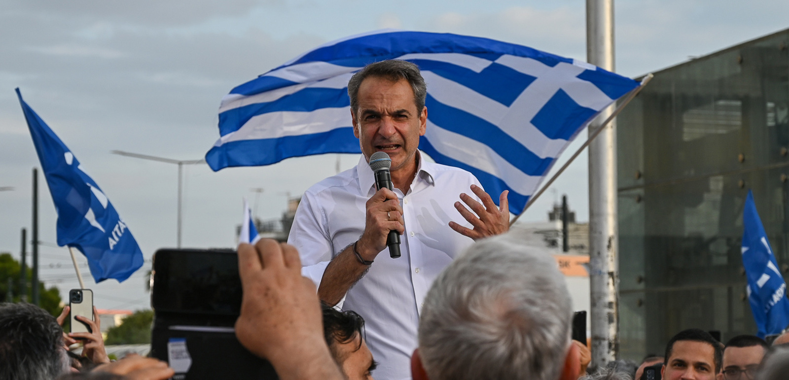 Kyriakos Mitsotakis, president of New Democracy party, talks to party's supporters launching campaign for the second round of the Greek parliamentary elections in Peristeri area in Athens, Greece on May 29th, 2023. (Photo by Nicolas Koutsokostas/NurPhoto via Getty Images)