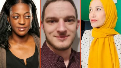 Hyphenated podcast guests: Ava Vidal (left), Alex Tiffin (centre), Rabina Khan (right)