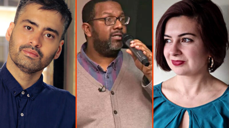 Hyphenated podcast guests: Mohammad Zaheer (left), Ismael Lea South (centre), Anna Lekas Miller (right)