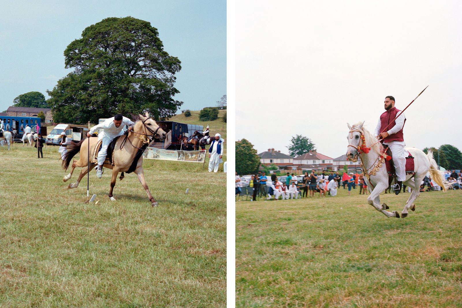 At a neza bazi event in Dewsbury, a rider spears a tent peg (left), rider from Royal Tent Pegging Club in London galloping (right), photo for Hyphen by Megan Eagles