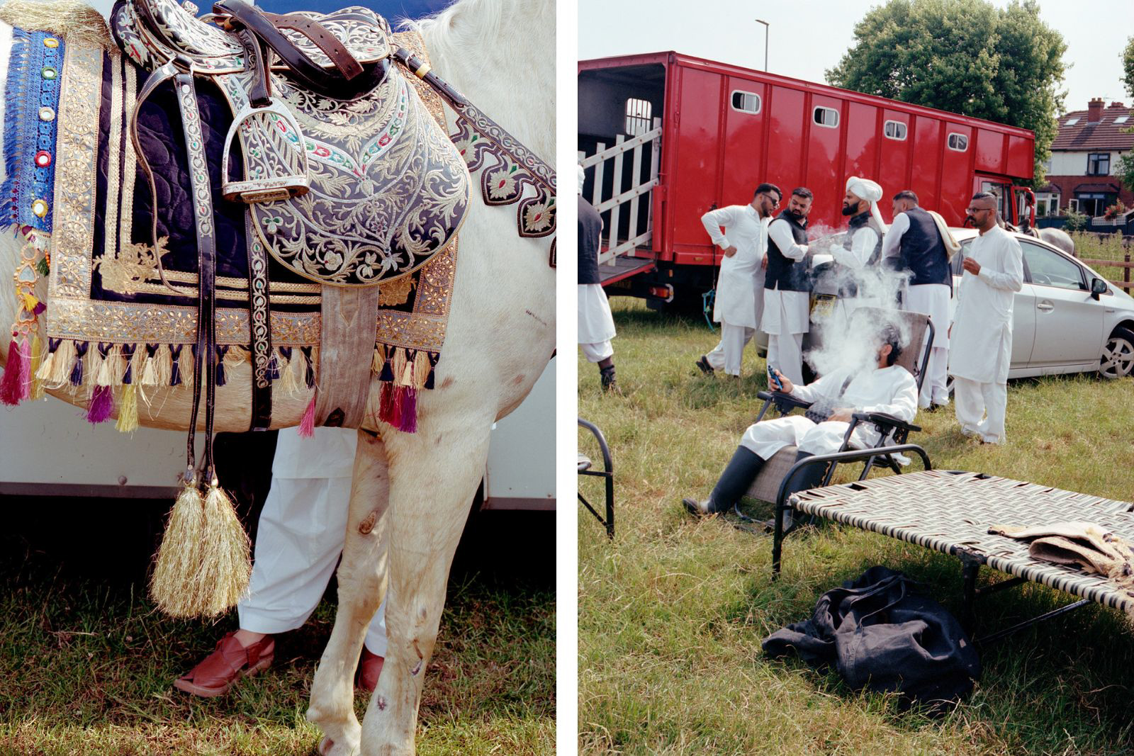 neza bazi event in Dewsbury, ornate design of horse saddle (left), riders relax before competition (right), photo for Hyphen by Megan Eagles