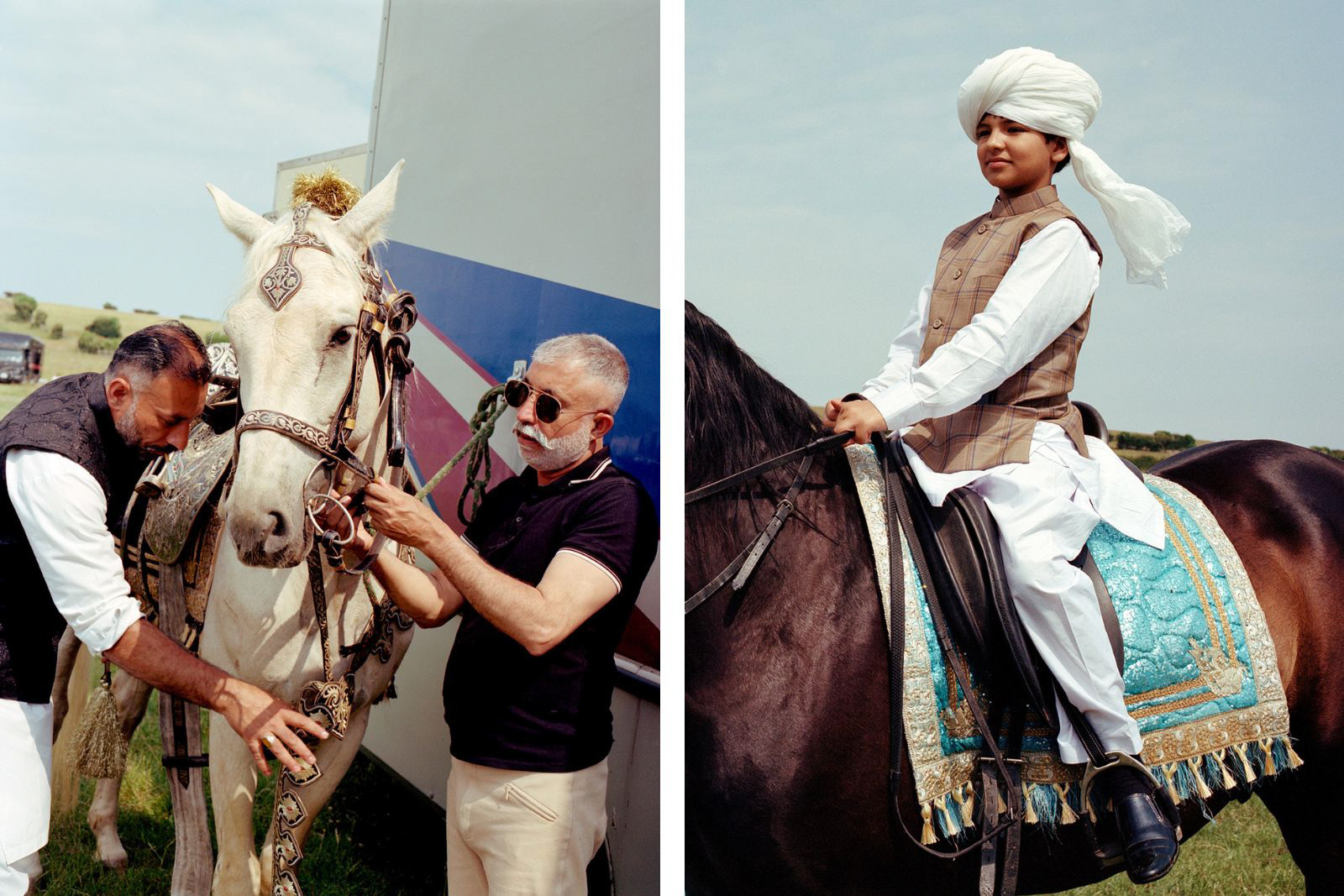 neza bazi event in Dewsbury, ornate horse saddle decoration (left), young rider on his horse (right), photo for Hyphen by Megan Eagles