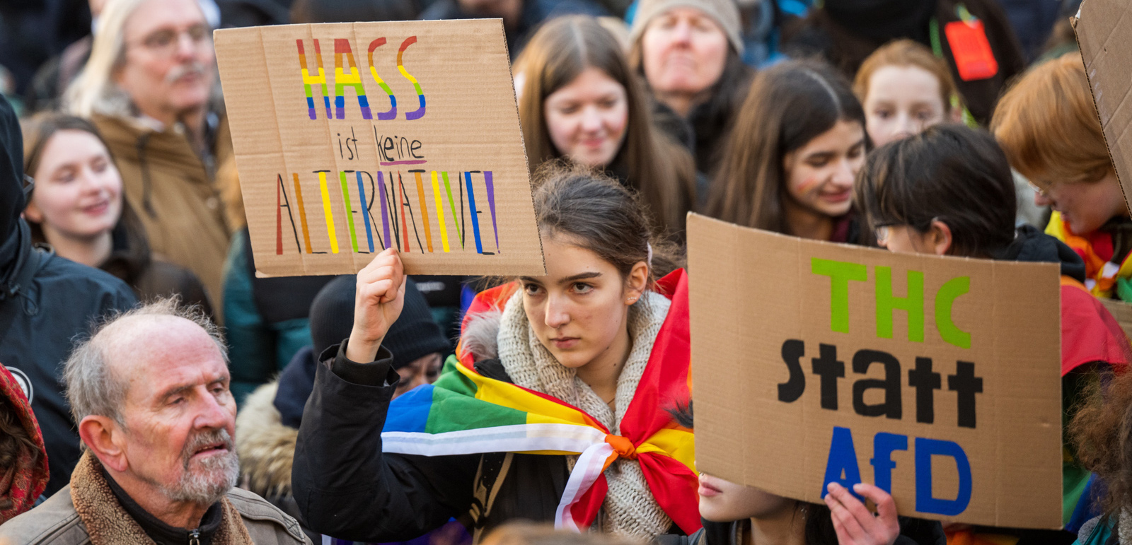 People demonstrate against the AfD 10th anniversary celebration on February 06, 2023 in Koenigstein, Germany