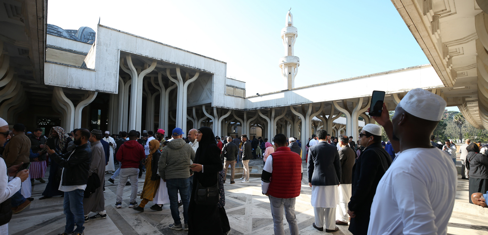 Congregants roam around courtyard of the Grand Mosque of Rome, pictured.