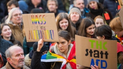 People demonstrate against the AfD 10th anniversary celebration on February 06, 2023 in Koenigstein, Germany