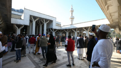 Congregants roam around courtyard of the Grand Mosque of Rome, pictured.