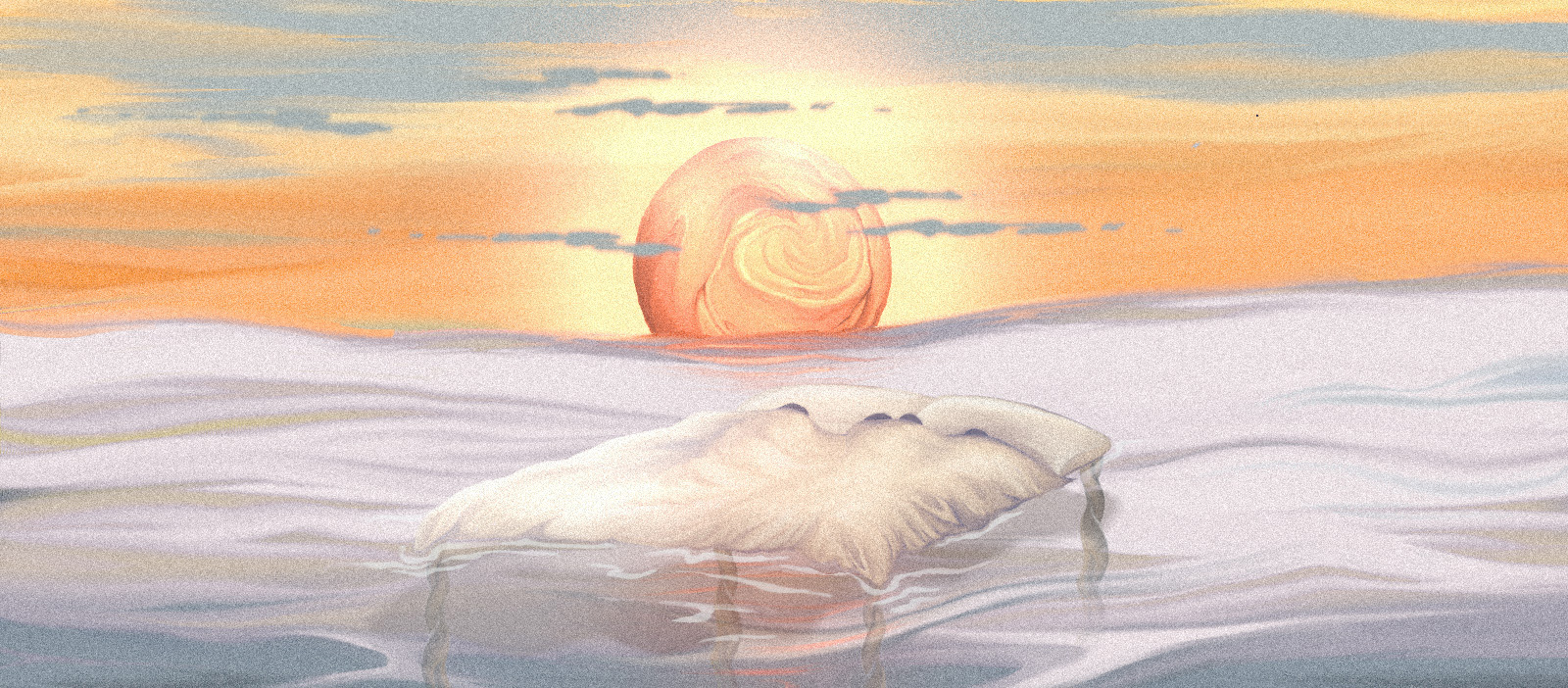 An illustration of a bed floating in the ocean during sunset.
