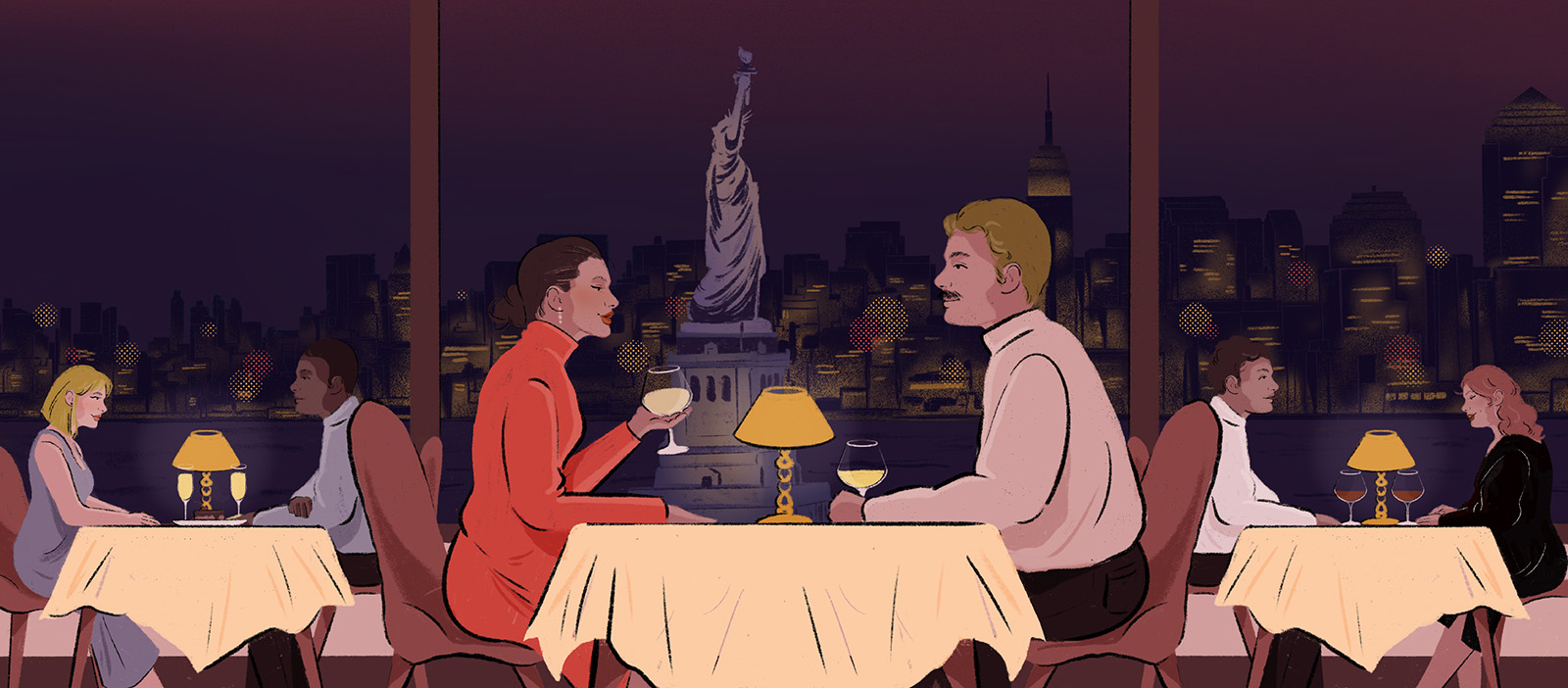 A couple on a date in New York City. Illustration for Hyphen by Heedayah Lockman