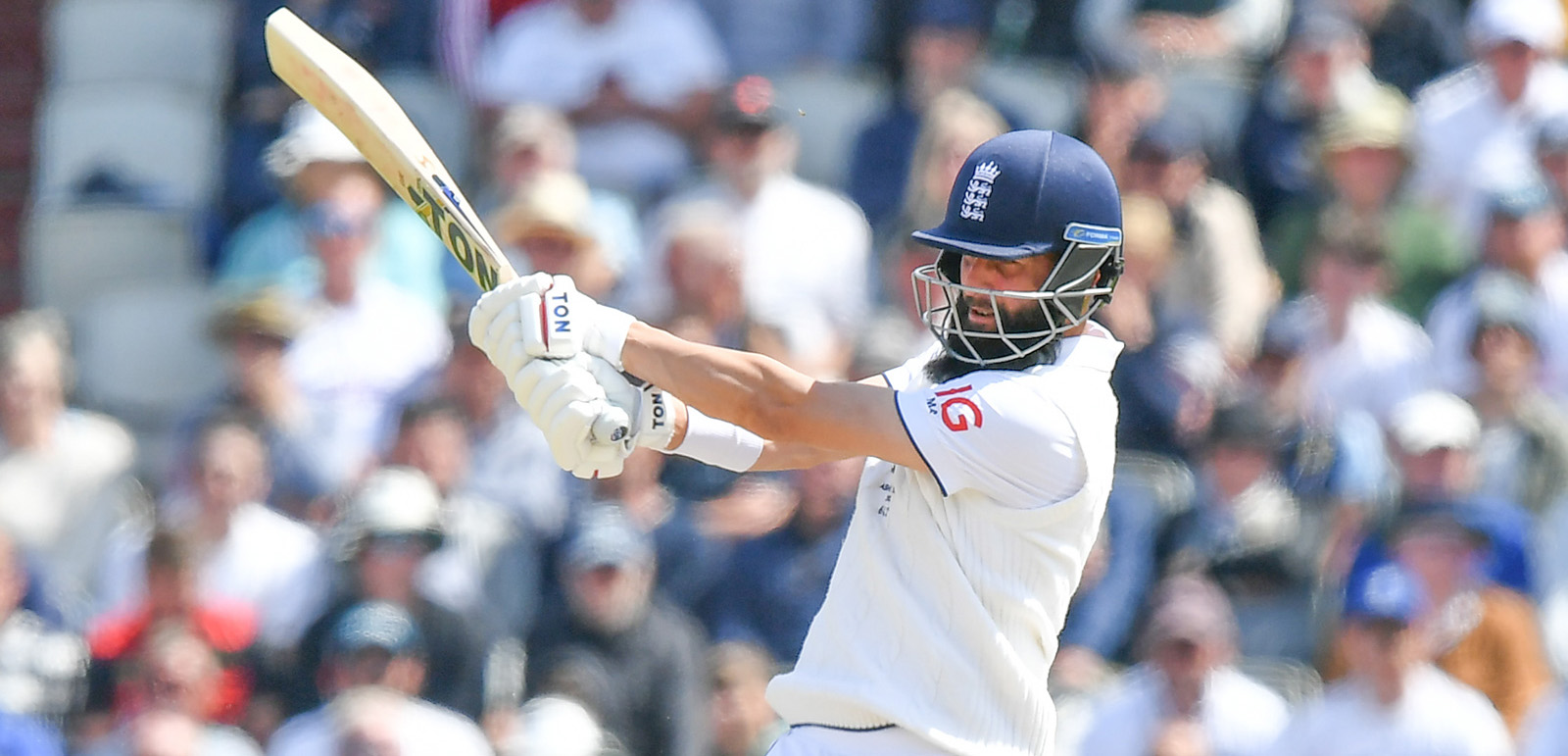 Cricket player Moeen Ali playing a game of test cricket.