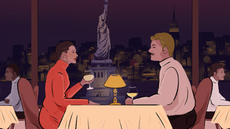 A couple on a date in New York City. Illustration for Hyphen by Heedayah Lockman