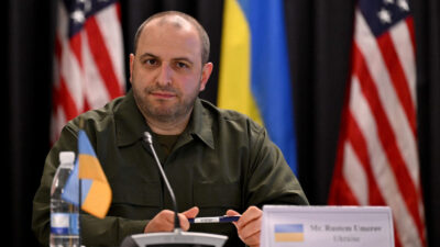 Ukraine's Defence Minister Rustem Umerov attends an in-person Ukraine Defence Contact Group meeting at Ramstein Air Base, southwestern Germany, on September 19, 2023. (Photo by AFP) (Photo by -/AFP via Getty Images)
