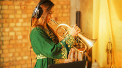 Musician Yazz Ahmed plays both the trumpet and flugelhorn. Photograph courtesy of Yazz Ahmed/Alex Bex