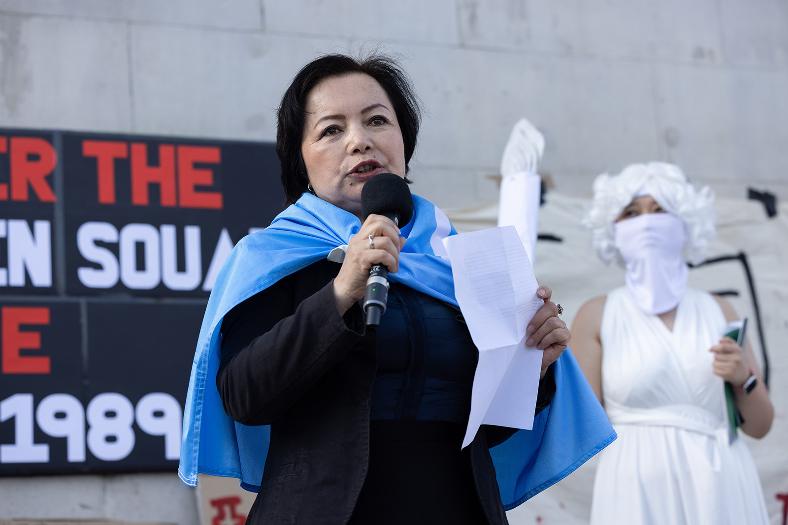 Rahima Mahmut, the director of World Uyghur Congress, speaking on 4 June 2023 at a Trafalgar Square rally organised by China Deviants to mark the 34th anniversary of the Tiananmen Massacre in 1989 in Beijing.
