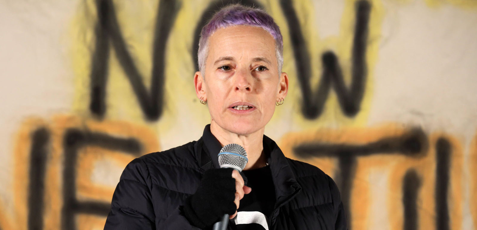 Candice Breitz, a Jewish South African artist, speaking at a protest against the cancellation of events by artists critical of the Israeli government, near Berlin's Brandenburg Gate on Friday 10 November 2023.