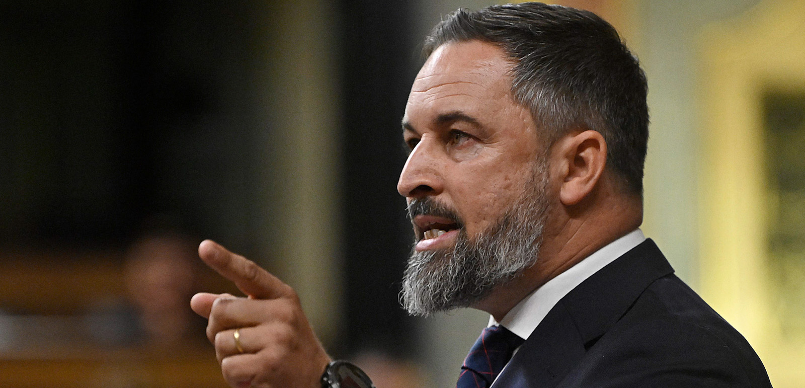 The leader of VOX far-right wing party, Santiago Abascal delivers a speech during a second parliamentary vote to elect Spain's next premier at the Congress of Deputies in Madrid on September 29, 2023. The PP leader Alberto Nunuez-Feijoo faces a second vote to become Spain's next prime minister today that requires a simple majority of more votes in favour than against. But he has little to no chance of winning sufficient support. (Photo by JAVIER SORIANO / AFP) (Photo by JAVIER SORIANO/AFP via Getty Images)