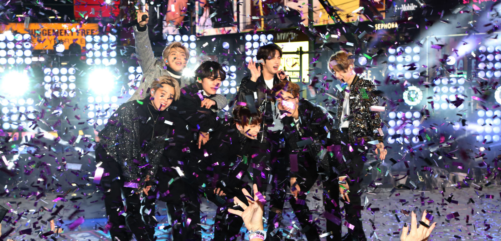 NEW YORK, NEW YORK - DECEMBER 31: BTS performs during the Times Square New Year's Eve 2020 Celebration on December 31, 2019 in New York City. (Photo by Manny Carabel/FilmMagic)