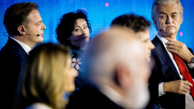 THE HAGUE, NETHERLANDS - NOVEMBER 21: (L-R) Pieter Omzigt of NSC, Dilan Yesilgoz of VVD, Caroline van der Plas of BBB, Frans Timmermans of GroenlinksPvdA, Henri Bontenbal of CDA and Geert Wilders of PVV look on during the last debate in the Dutch Parliament ahead of National Elections on November 21, 2023 in The Hague, Netherlands.