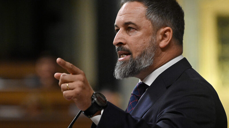 The leader of VOX far-right wing party, Santiago Abascal delivers a speech during a second parliamentary vote to elect Spain's next premier at the Congress of Deputies in Madrid on September 29, 2023. The PP leader Alberto Nunuez-Feijoo faces a second vote to become Spain's next prime minister today that requires a simple majority of more votes in favour than against. But he has little to no chance of winning sufficient support. (Photo by JAVIER SORIANO / AFP) (Photo by JAVIER SORIANO/AFP via Getty Images)