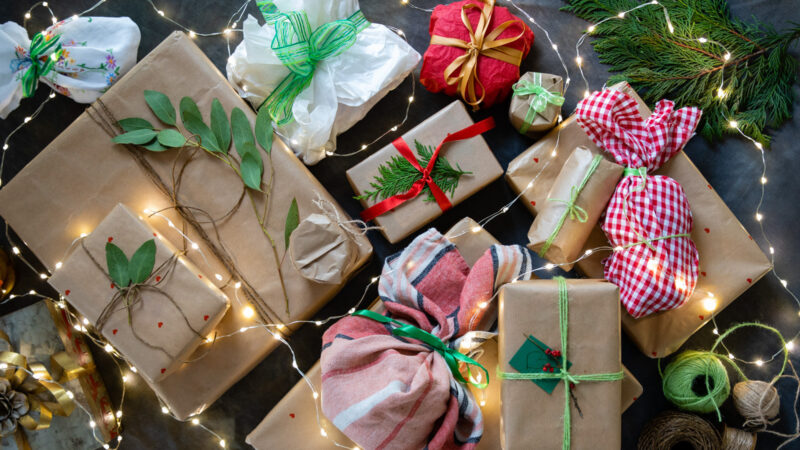 Christmas presents laid out ready to be unwrapped.