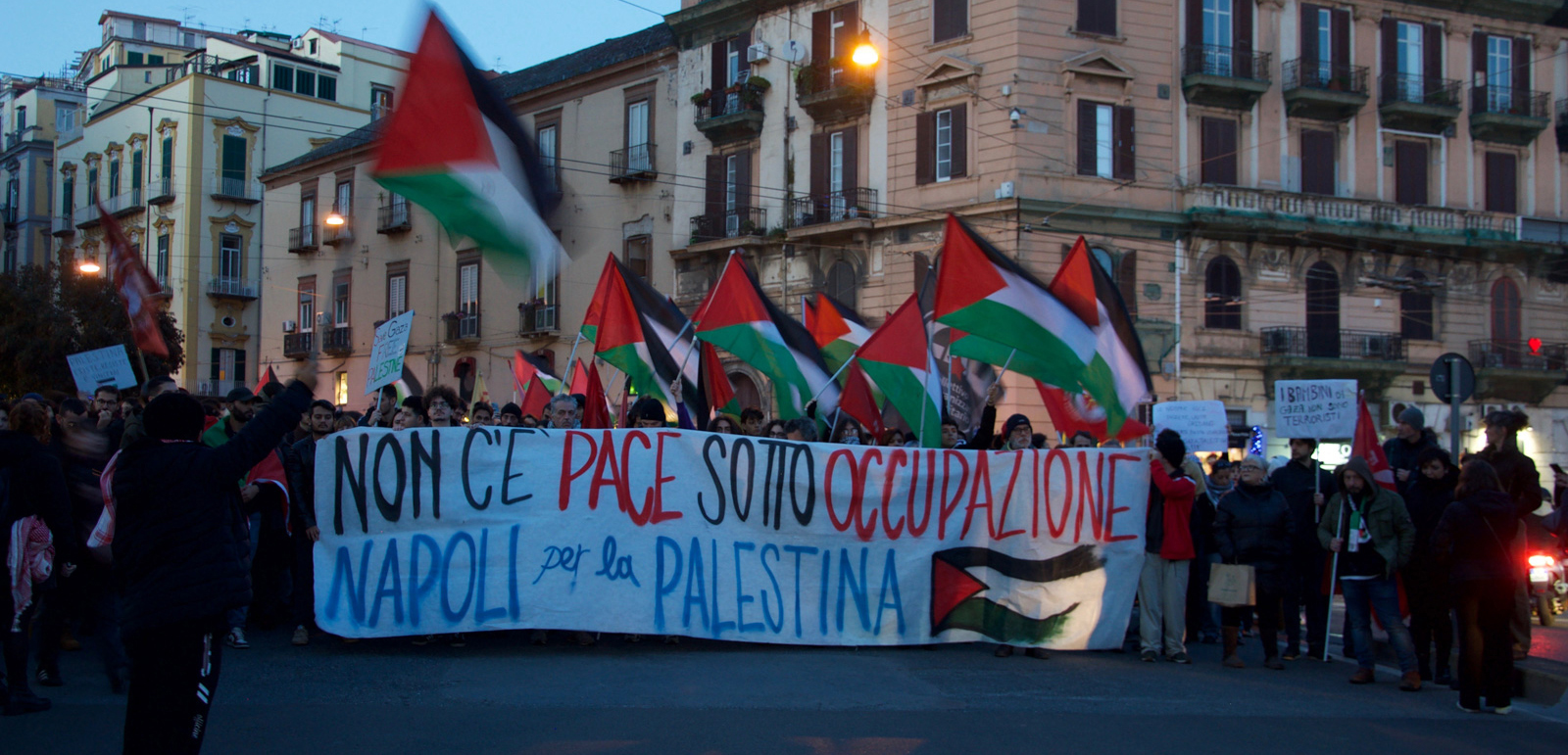 Peaceful solidarity protest for Palestine on December 9, 2023 in Naples, which is twinned with Nablus in the West Bank
