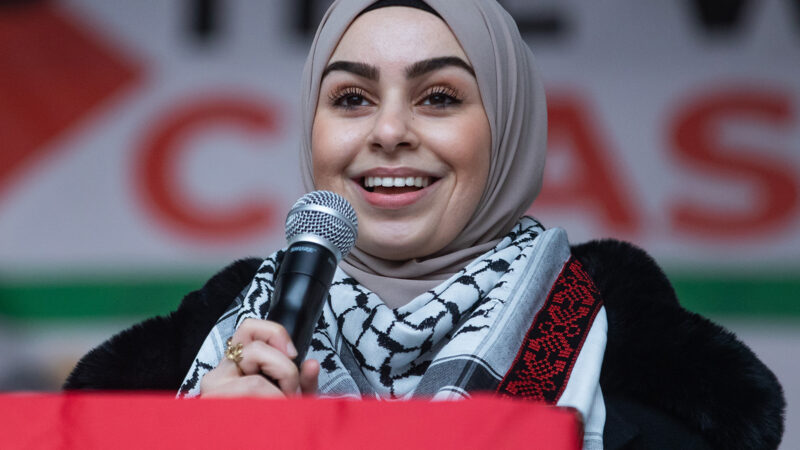 British-Palestinian Leanne Mohamad giving a speech