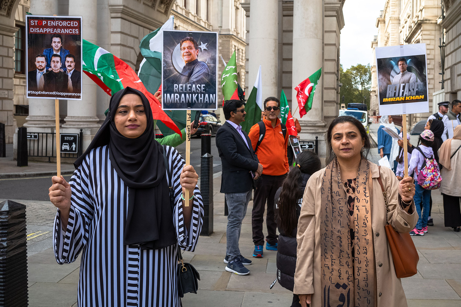 Two Pakistani women protest in London against Imran Khan's jail sentencing in Pakistan
