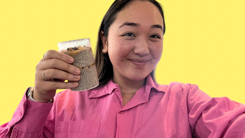 Michelle Lee holding her snickers chia pudding recipe