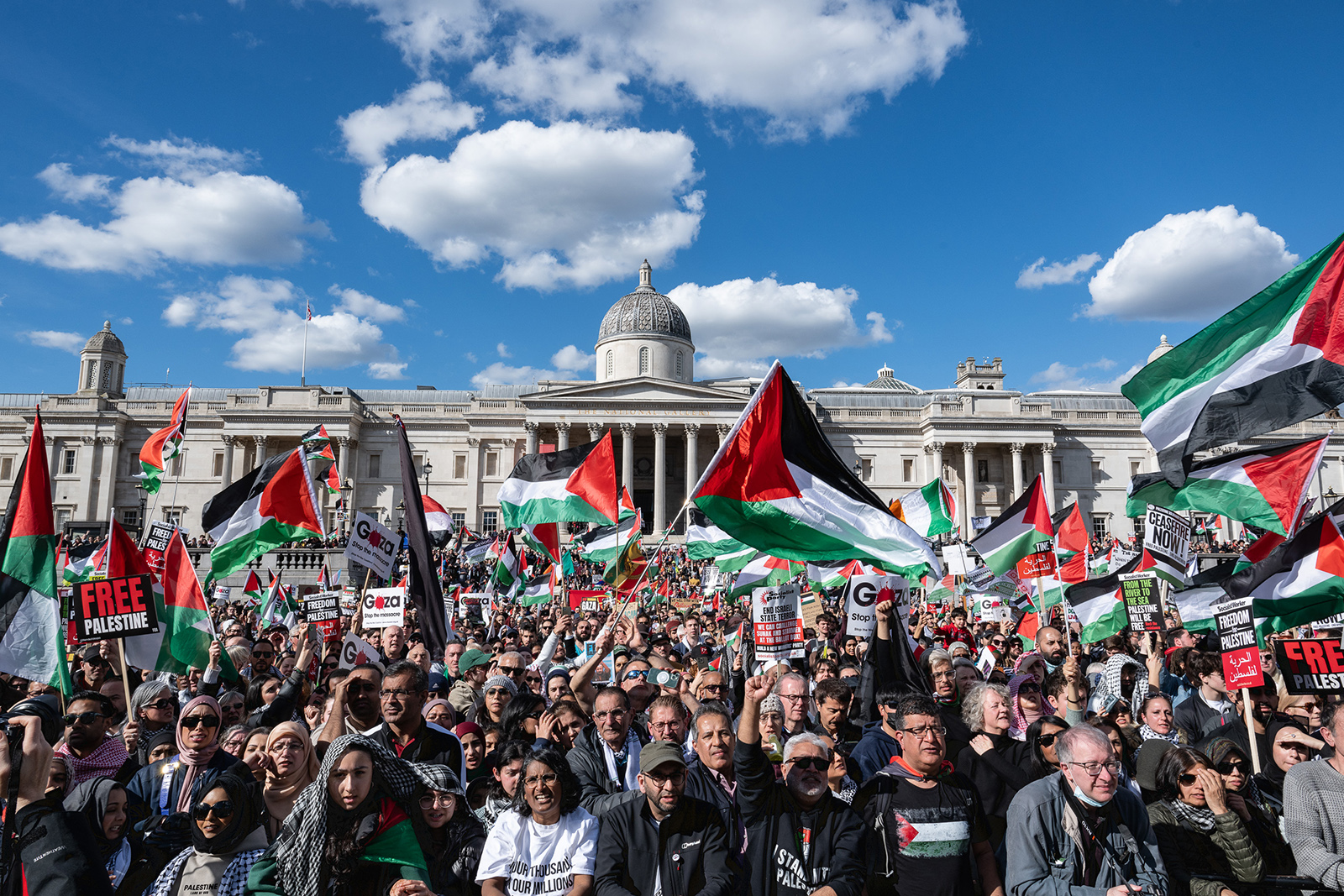 A crowd of Pro-Palestine demonstrators in London's trafalgar square wave Palestinian flags.