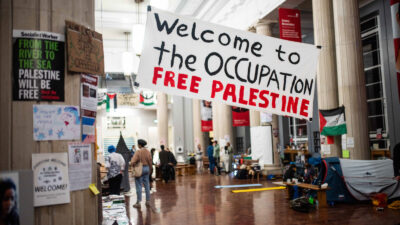 Leeds University students protesting the assault on Gaza occupied a campus building for 15 days in March. Photograph courtesy of Spencer R. Lewis