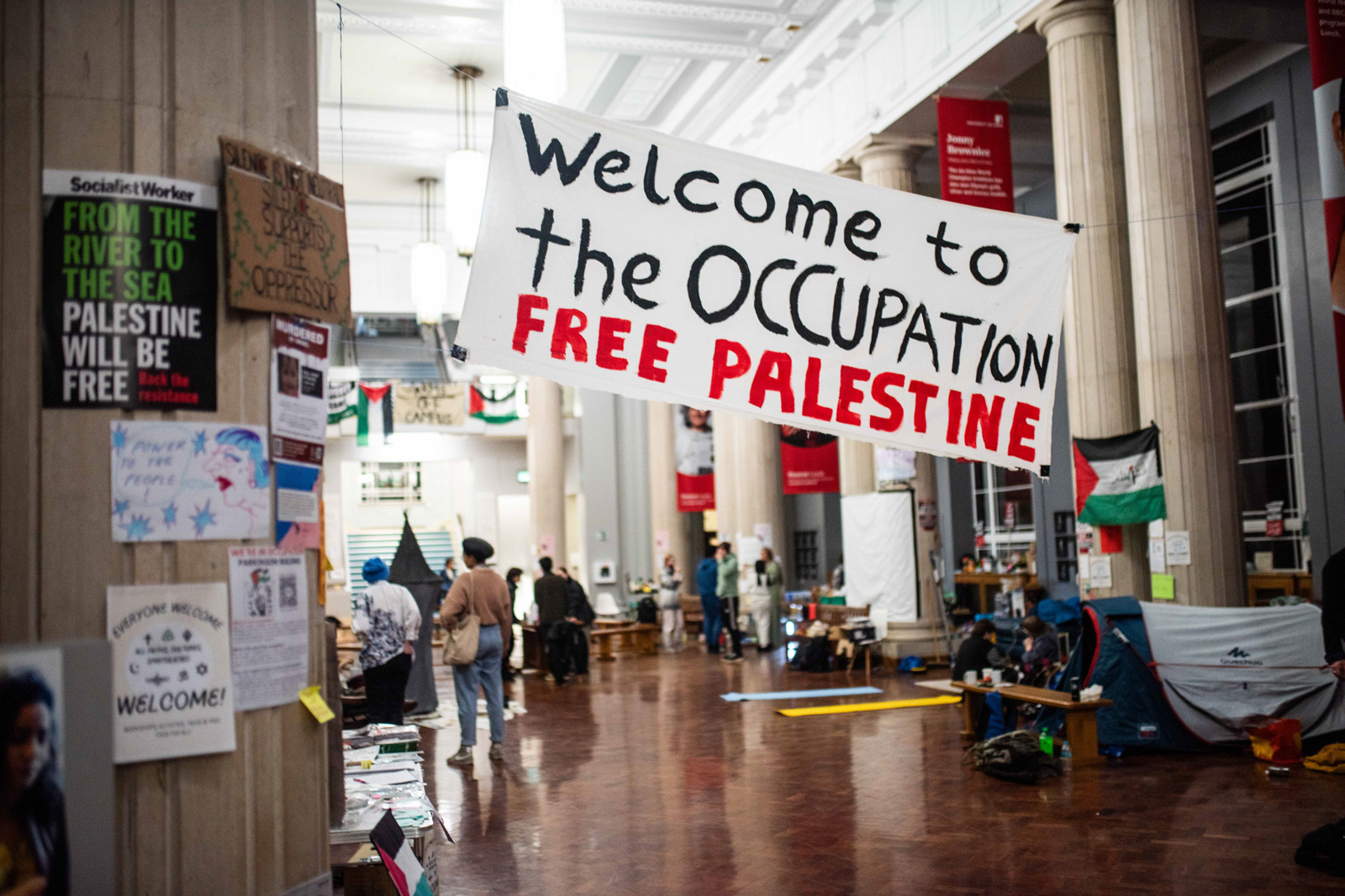 Leeds University students protesting the assault on Gaza occupied a campus building for 15 days in March. Photograph courtesy of Spencer R. Lewis