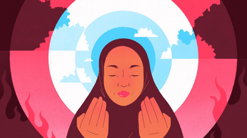Illustration of Muslim woman praying for Hyphen by Driss Chaoui