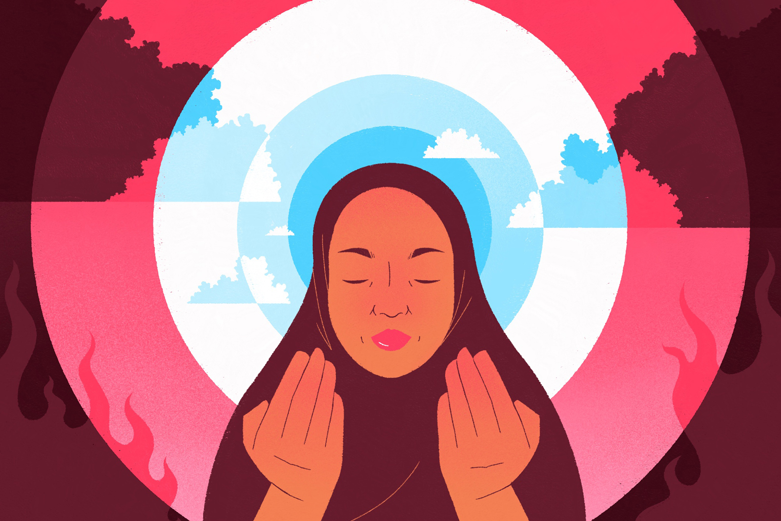 Illustration of Muslim woman praying by Driss Chaoui for Hyphen 