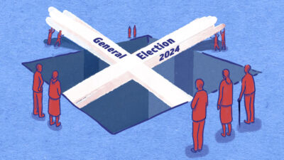 Illustration for Hyphen by Gogi Kamushadze. UK General Election Muslim Poll