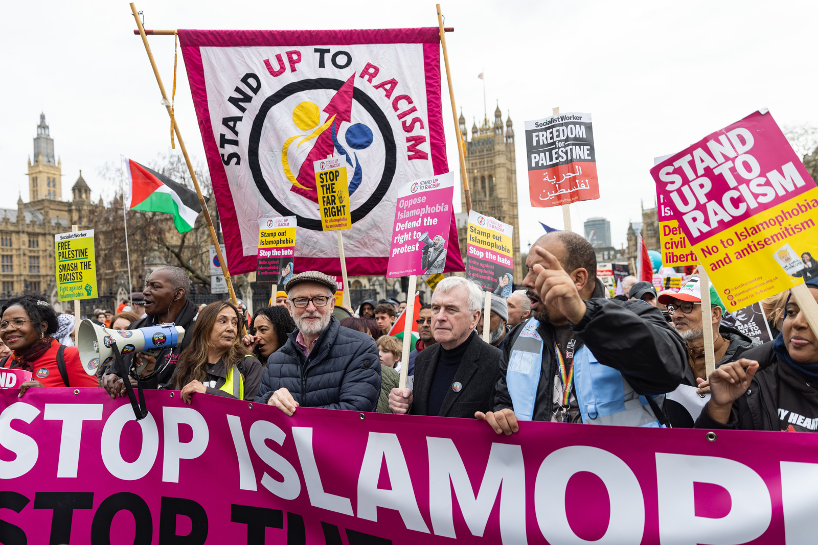 Jeremy Corbyn and John McDonnell MP join an anti-racism protest in London in March, 2024. Photo by Mark Kerrison/In Pictures/Getty Images