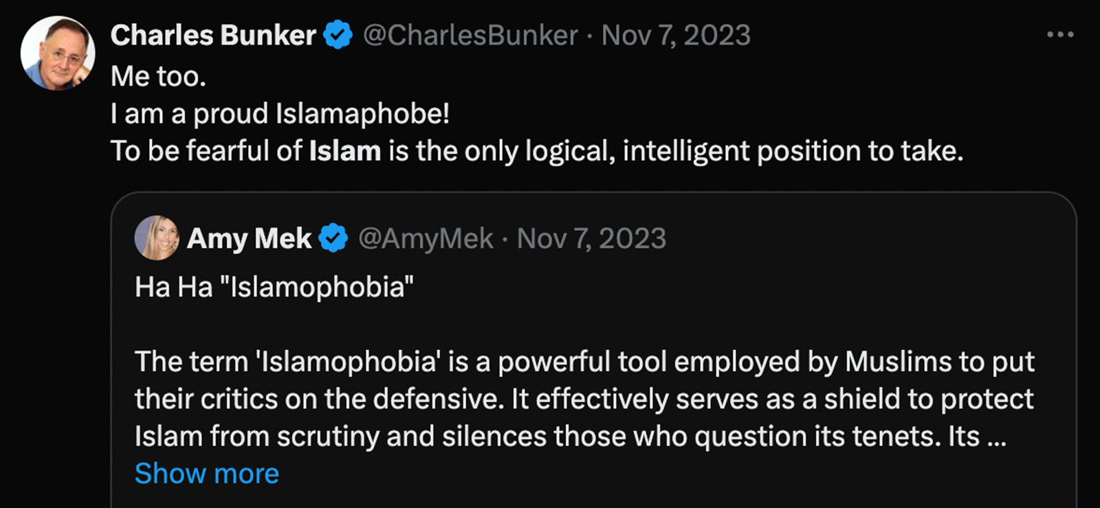 Screenshot of an Islamophobic tweet by Reform UK's candidate for Hitchin, Charles Bunker.