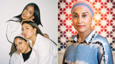 Zeinab Saleh, Lamisa Khan and Sara Gulamali of Muslim Sisterhood (L) and artist Zarah Hussain (R). Photographs courtesy of Muslim Sisterhood/Masud Khan