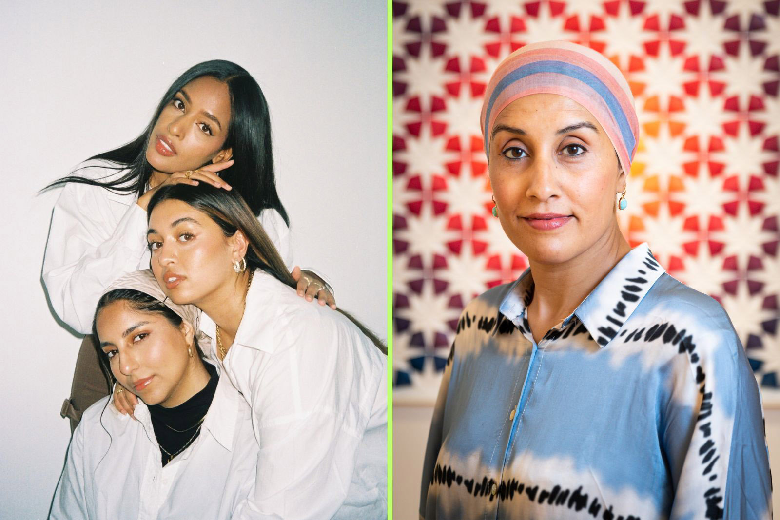 Zeinab Saleh, Lamisa Khan and Sara Gulamali of Muslim Sisterhood (L) and artist Zarah Hussain (R). Photographs courtesy of Muslim Sisterhood/Masud Khan