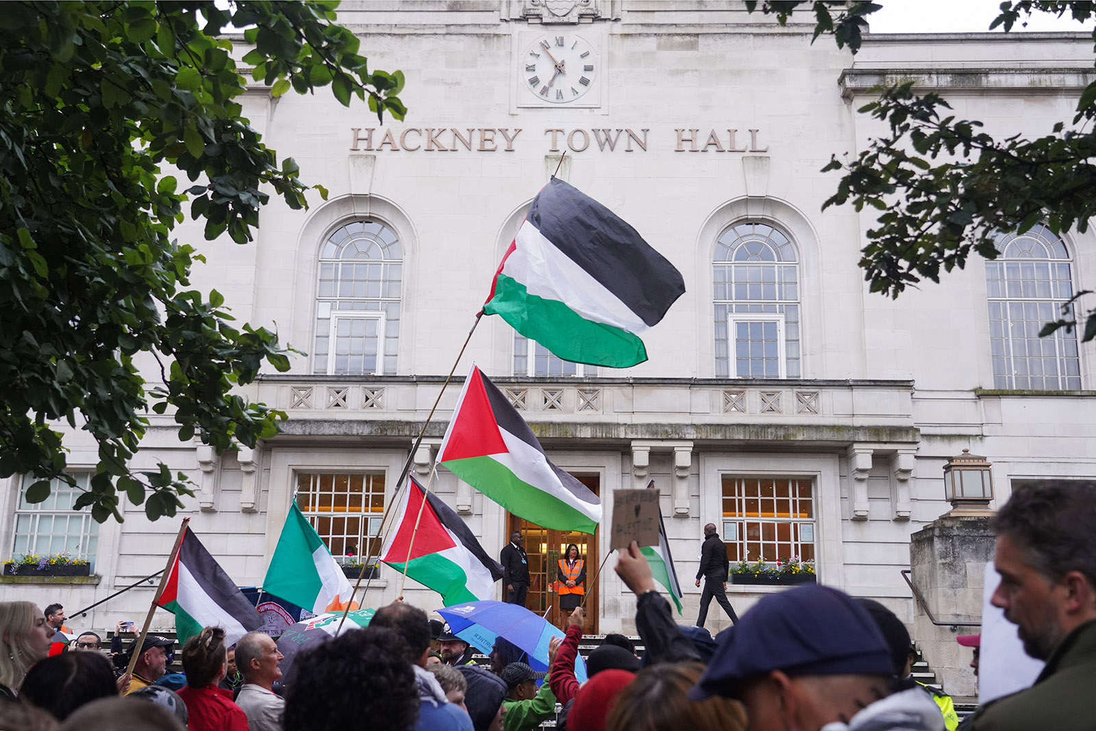 Pro-Palestine camp outside Hackney Town Hall. Photo by Kristian Buus/In Pictures via Getty Images