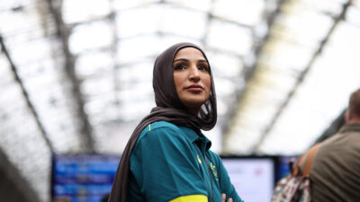 Australian Boxer Tina Rahimi arrives at Gare de'lEst ahead of the Paris 2024 Olympic Games on July 23, 2024 Photo by Ryan Pierse/Getty Images