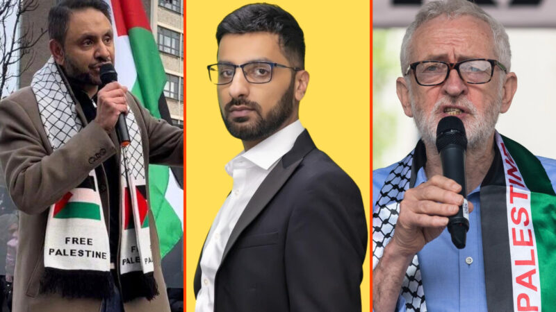 Shockat Adam, Adnan Hussain and Jeremy Corbyn. Photo by Wiktor Szymanowicz/Anadolu/Getty Images