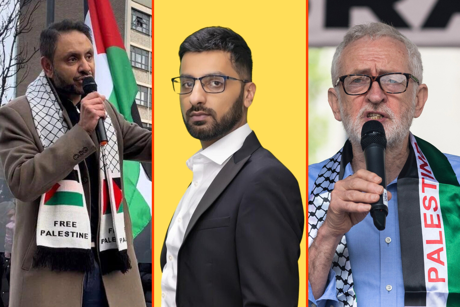 Shockat Adam, Adnan Hussain and Jeremy Corbyn. Photo by Wiktor Szymanowicz/Anadolu/Getty Images