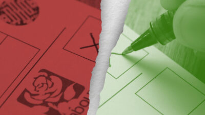 A ballpoint pen checks a box on a ballot paper. Artwork by Hyphen/photo by Mike Kemp/In Pictures/Getty Images