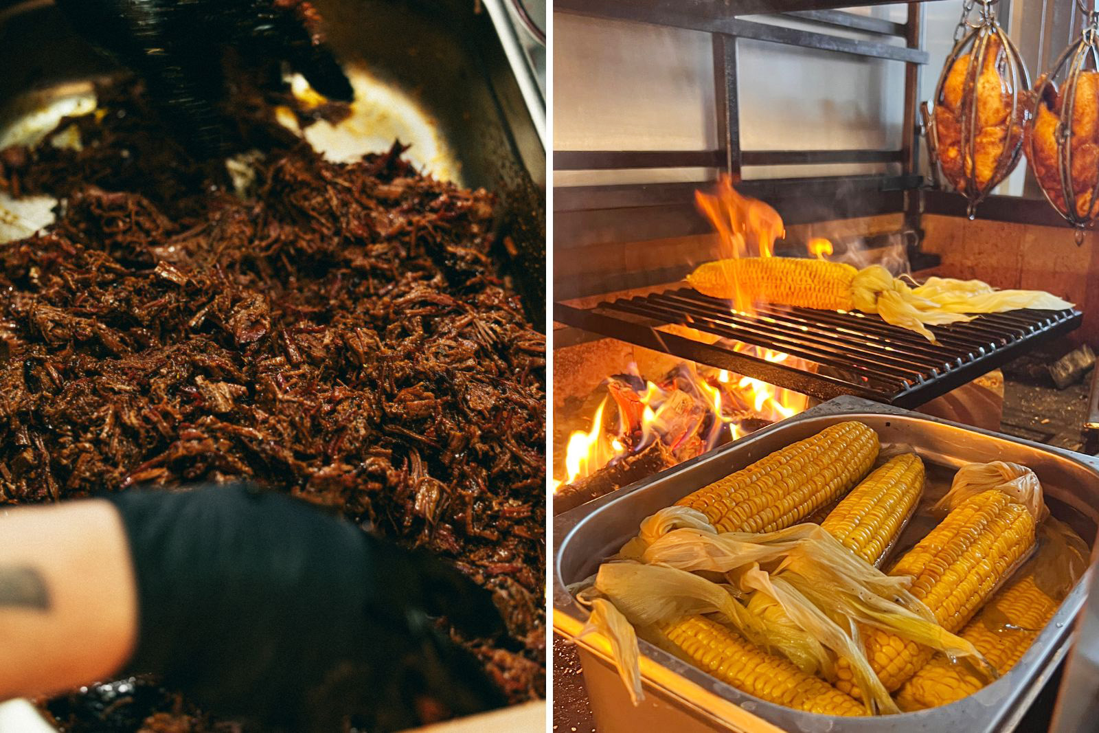 Pulled chicken and corn on the open grill at Burnt Smokehouse. Photo by Jack Spicer Adams, courtesy of Burnt Smokehouse