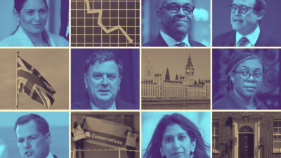 The Conservative party has a battle on its hands to win back British Muslims. Compilation image of Tory leadership hopefuls. Artwork by Hyphen/Photos: Getty Images