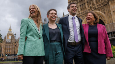 The four new Green MPs who won seats in the 2024 General Election, (L to R) Sian Berry (MP for Brighton Pavilion), party co-leader Carla Denyer (MP for Bristol Central), party co-leader Adrian Ramsay (MP for Waveney Valley) and Ellie Chowns (MP for North Herefordshire) pose for photos on Abingdon Green, opposite the Palace of Westminster on July 08, 2024 in London, England. Photo by Dan Kitwood/Getty Images