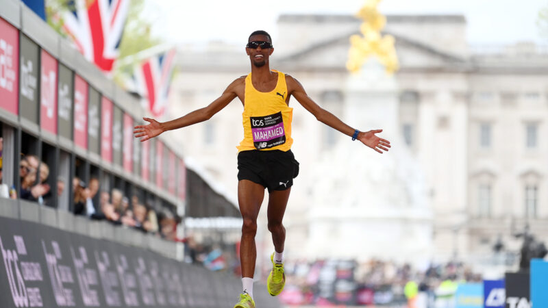 LONDON, ENGLAND - APRIL 21: Mahamed Mahamed of Great Britain crosses the finish line in the Men's elite race during the 2024 TCS London Marathon on April 21, 2024 in London, England. Photo by Alex Davidson/Getty Images