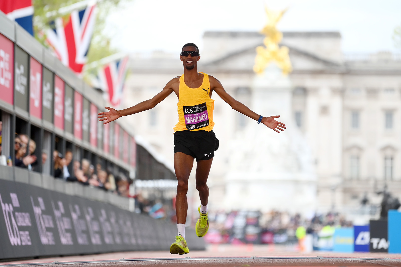 Mahamed Mahamed of Great Britain crosses the finish line in the Men's elite race during the 2024 TCS London Marathon on April 21, 2024 in London, England. Photo by Alex Davidson/Getty Images