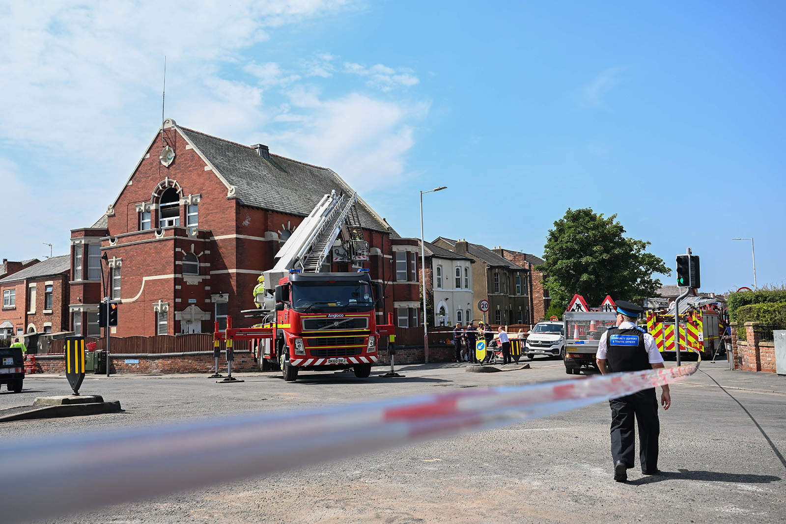 Emergency teams repair the area around the Southport Islamic Society mosque, attacked by far-right extremists on 31 July 2024. Photo by Rasid Necati Aslim/Anadolu via Getty Images