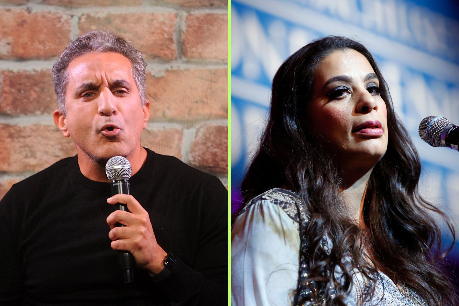 Comedians Bassem Youssef and Maysoon Zayid. Photography by Bobby Bank/Getty Images and Marla Aufmuth/WireImage/Getty Images
